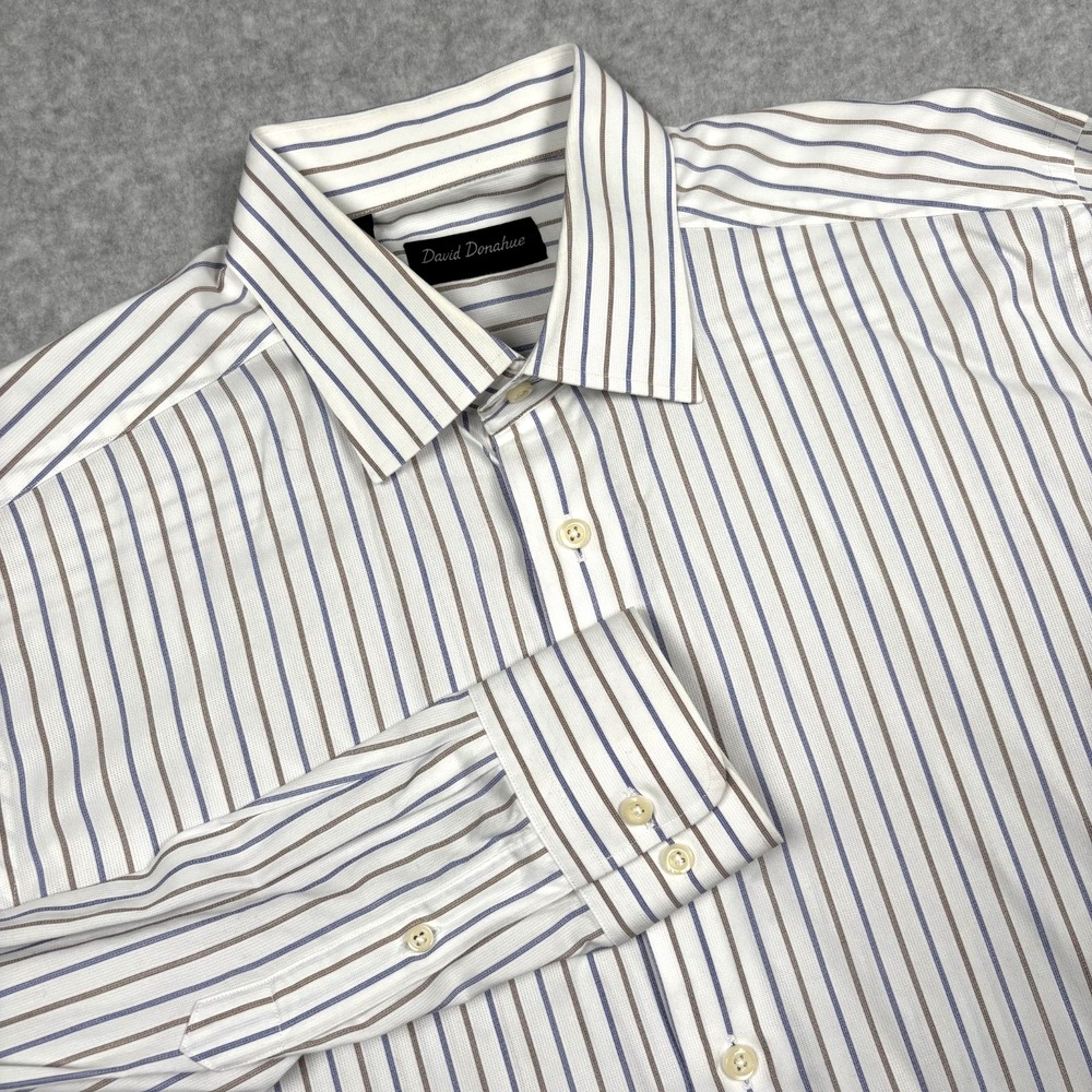 David Donahue Mens Dress Shirt 16 32/33 White Blue Brown Pinstripe Cotton